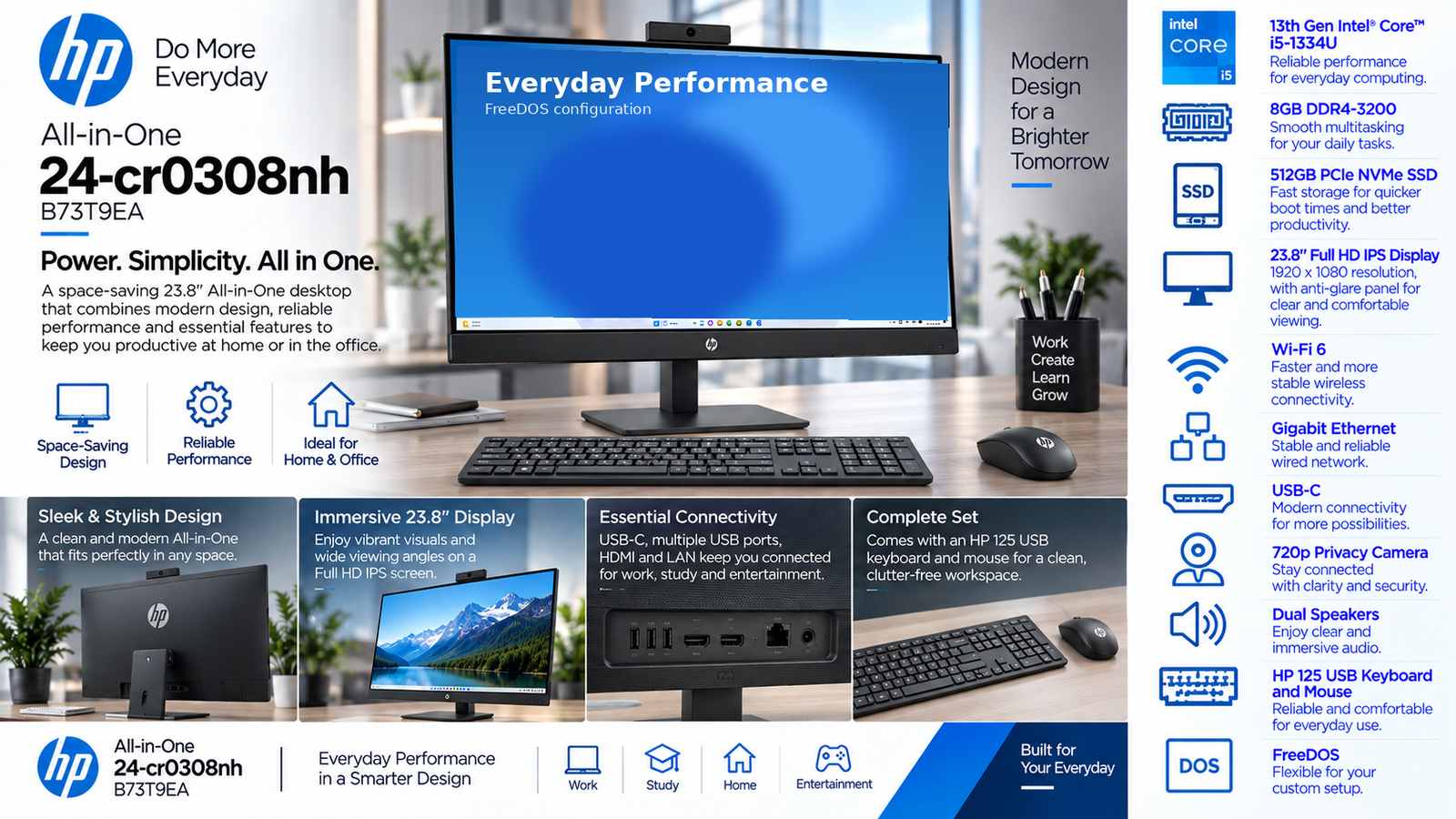 HP All-in-One 24-cr0308nh B73T9EA, Intel Core i5-1334U, 8GB DDR4-3200, 512GB PCIe NVMe SSD, 23.8-inch FHD IPS, Intel UHD Graphics, Wi-Fi 6, FreeDOS, HP 125 USB Keyboard & Mouse, Jet Black with Warranty 